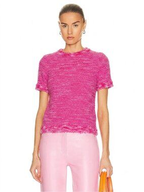 Kate Spade TWEED Pink Fuchsia Texture Knit fringe Short Sleeve crew blouse top S